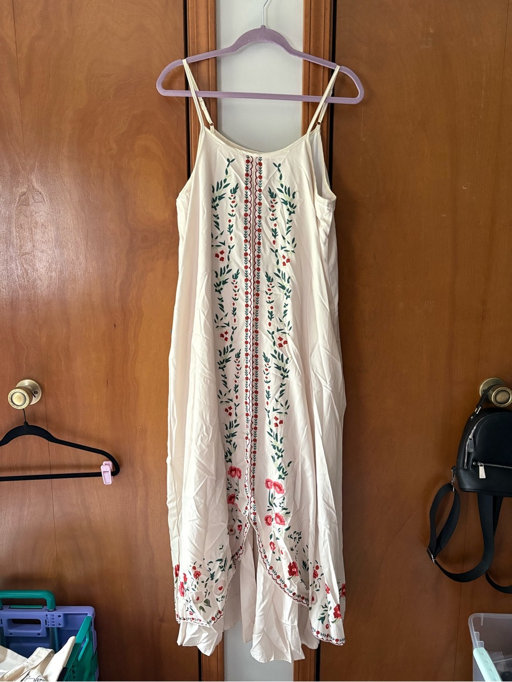Cream Embroidered Boho Slip Dress with Floral Trim
